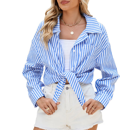 Fashion Striped Long Sleeve Shirt With Pockets Casual Loose Single-breasted Button Top Women Clothing