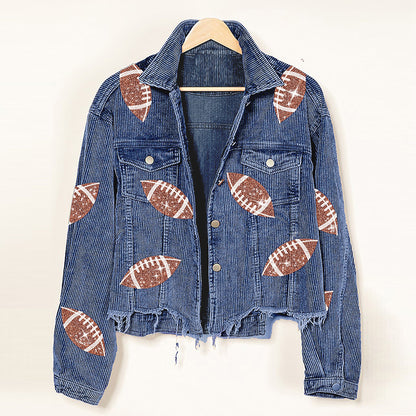 Fashion Corduroy Jacket Fashion Rugby Print Baseball Jacket Autumn And Winter Tops Clothes For Women